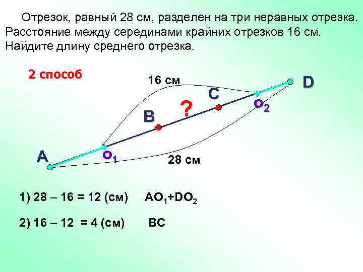 Отрезок, равный 28 см, разделен на три неравных отрезка. Расстояние между серединами крайних отрезков