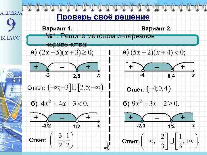 Проверь своё решение Вариант 1. Вариант 2. № 1. Решите методом интервалов неравенства: а)