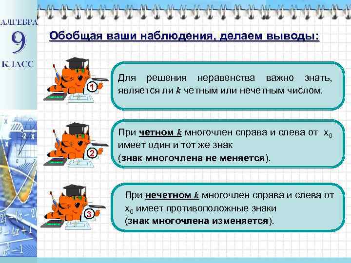 Обобщая ваши наблюдения, делаем выводы: 1 2 3 Для решения неравенства важно знать, является