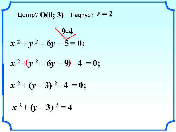 Центр? O(0; 3) Радиус? r=2 9 -4 x 2 + y 2 – 6