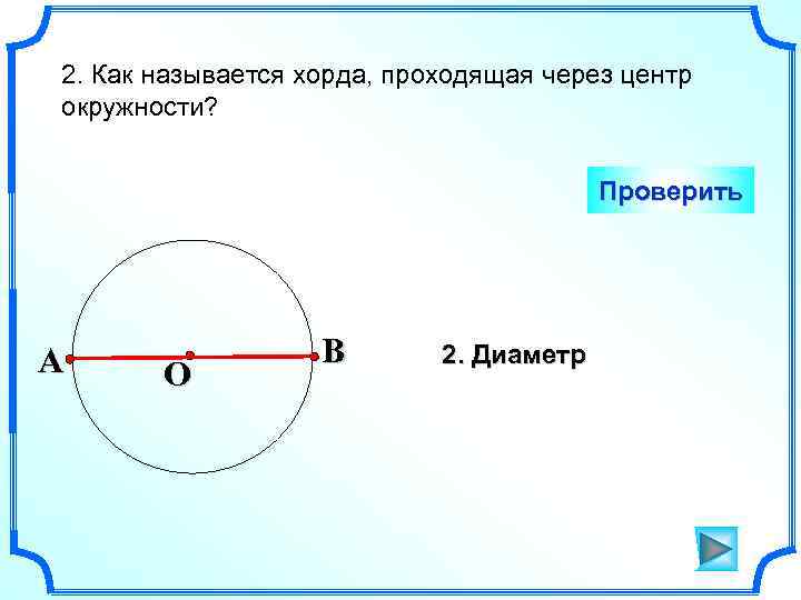 2. Как называется хорда, проходящая через центр окружности? Проверить A O B 2. Диаметр