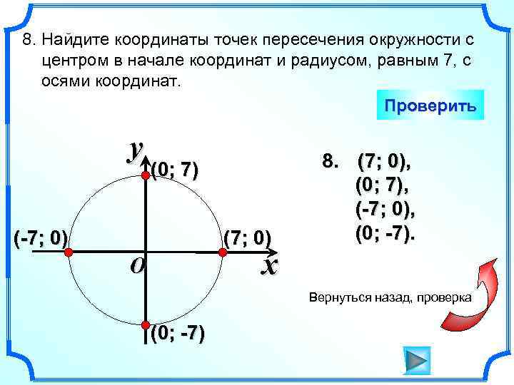 8. Найдите координаты точек пересечения окружности с центром в начале координат и радиусом, равным