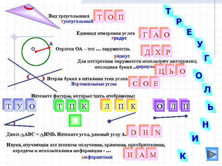 Вид треугольника тупоугольный Т Т О П Р Единица измерения углов градус О А