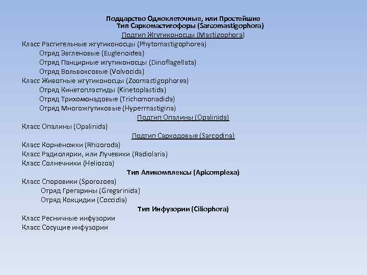 Подцарство Одноклеточные, или Простейшие Тип Саркомастигофоры (Sarcomastigophora) Подтип Жгутиконосцы (Mastigophora) Класс Растительные жгутиконосцы (Phytomastigophorea)