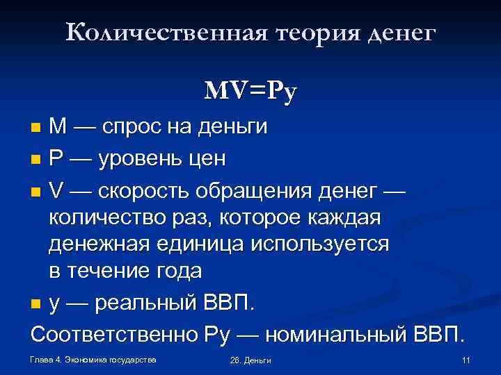 Количественная теория денег MV=Py M — спрос на деньги n Р — уровень цен