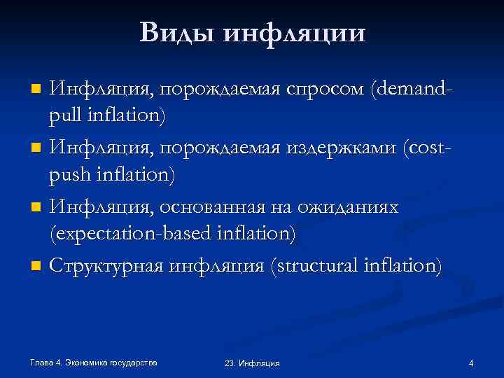 Виды инфляции Инфляция, порождаемая спросом (demandpull inflation) n Инфляция, порождаемая издержками (costpush inflation) n