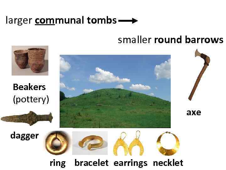 larger communal tombs smaller round barrows Beakers (pottery) axe dagger ring bracelet earrings necklet