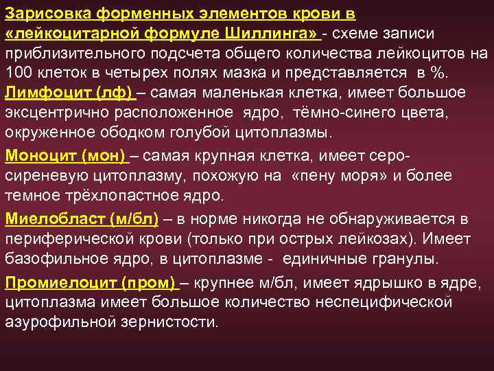 Зарисовка форменных элементов крови в «лейкоцитарной формуле Шиллинга» - схеме записи приблизительного подсчета общего