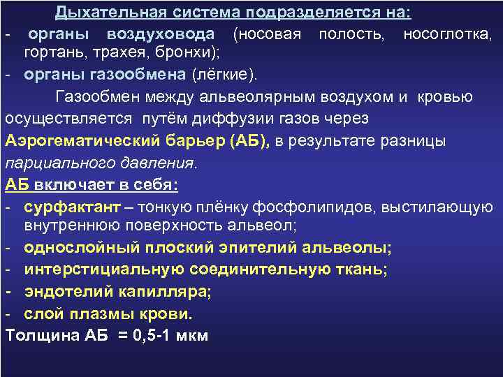 Дыхательная система подразделяется на: - органы воздуховода (носовая полость, носоглотка, гортань, трахея, бронхи); -