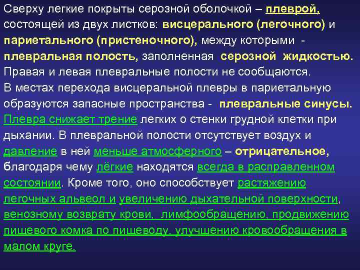 Сверху легкие покрыты серозной оболочкой – плеврой, состоящей из двух листков: висцерального (легочного) и