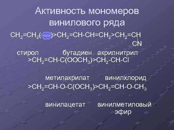 Активность мономеров винилового ряда СH 2=CH 2( )>CH 2=CH-CH=CH 2>CH 2=CH CN стирол бутадиен