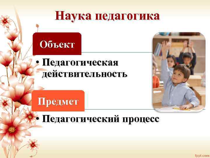 Наука педагогика Объект • Педагогическая действительность Предмет • Педагогический процесс 
