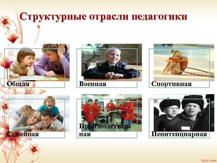 Структурные отрасли педагогики Общая Военная Спортивная Семейная Производственная Пенитенциарная 