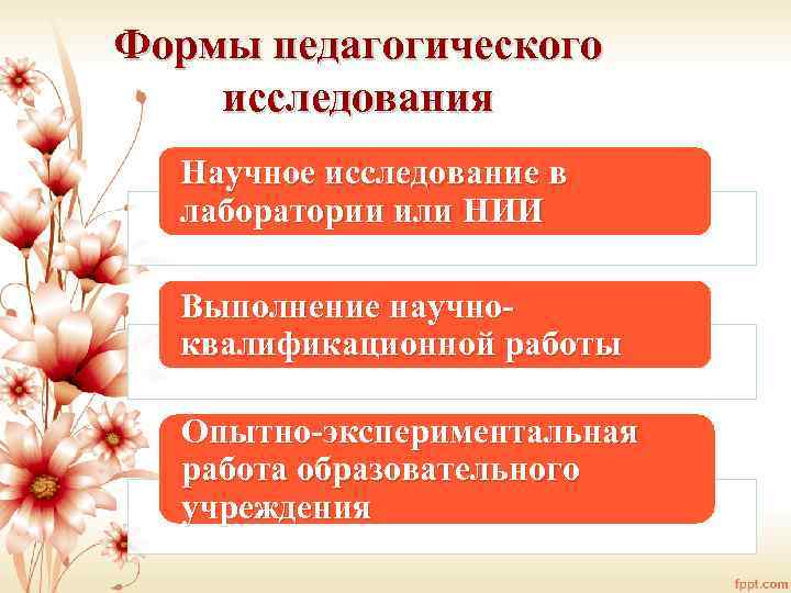 Формы педагогического исследования Научное исследование в лаборатории или НИИ Выполнение научноквалификационной работы Опытно-экспериментальная работа