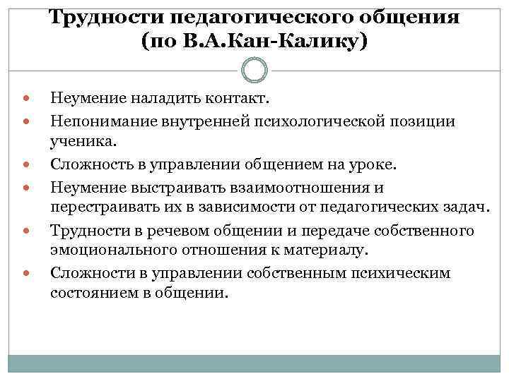 Трудности педагогического общения (по В. А. Кан-Калику) Неумение наладить контакт. Непонимание внутренней психологической позиции