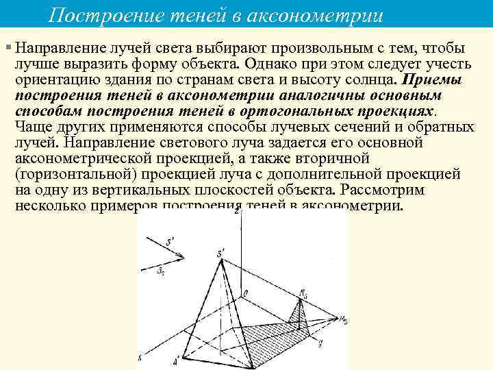 Построение теней в аксонометрии § Направление лучей света выбирают произвольным с тем, чтобы лучше