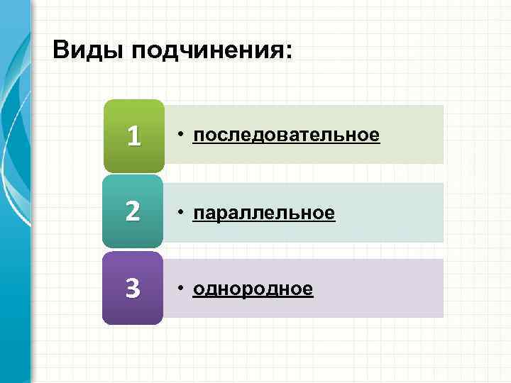 Виды подчинения: 1 • последовательное 2 • параллельное 3 • однородное 