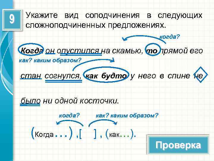 Укажите вид соподчинения в следующих сложноподчиненных предложениях. когда? Когда он опустился на скамью, то