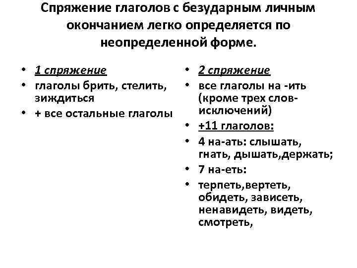 Спряжение глаголов с безударным личным окончанием легко определяется по неопределенной форме. • 1 спряжение