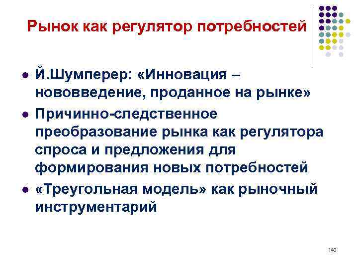  Рынок как регулятор потребностей l l l Й. Шумперер: «Инновация – нововведение, проданное
