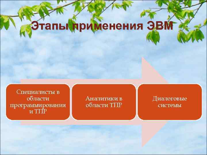 Этапы применения ЭВМ Специалисты в области программирования и ТПР Аналитики в области ТПР Диалоговые
