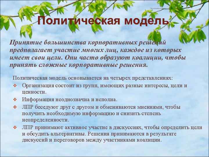 Политическая модель Принятие большинства корпоративных решений предполагает участие многих лиц, каждое из которых имеет