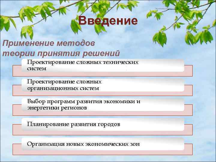 Введение Применение методов теории принятия решений Проектирование сложных технических систем Проектирование сложных организационных систем