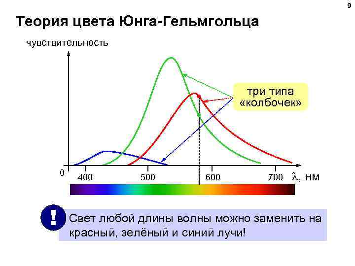 9 Теория цвета Юнга-Гельмгольца чувствительность три типа «колбочек» 0 400 500 600 700 ,