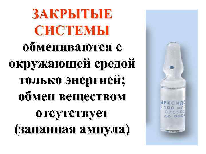ЗАКРЫТЫЕ СИСТЕМЫ обмениваются с окружающей средой только энергией; обмен веществом отсутствует (запанная ампула) 