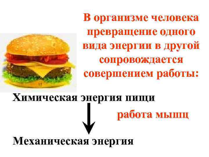 В организме человека превращение одного вида энергии в другой сопровождается совершением работы: Химическая энергия