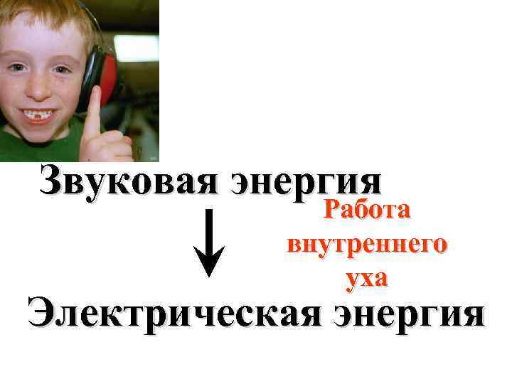 Звуковая энергия Работа внутреннего уха Электрическая энергия 