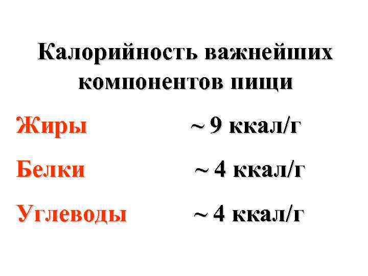 Калорийность важнейших компонентов пищи Жиры ~ 9 ккал/г Белки ~ 4 ккал/г Углеводы ~