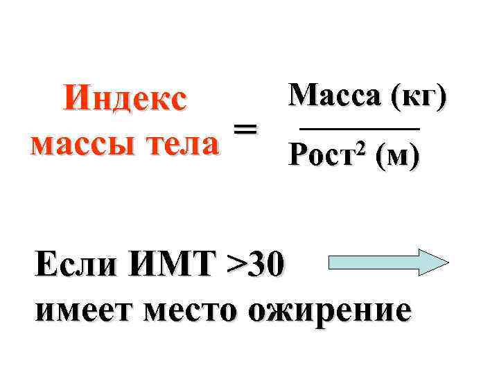 Масса (кг) Индекс = массы тела 2 (м ) Рост Если ИМТ >30 имеет