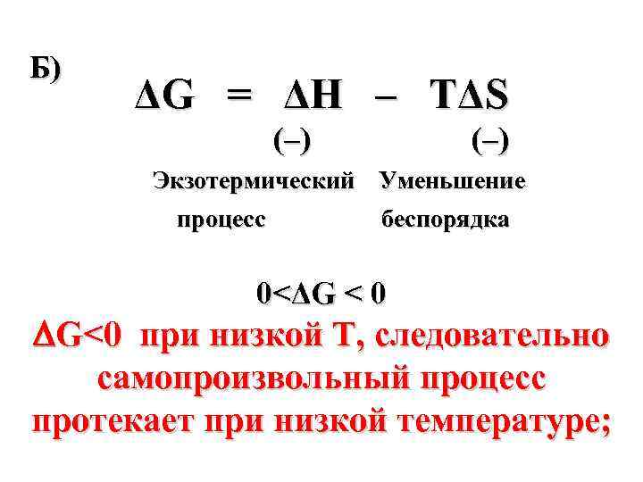 Б) ΔG = ΔН – ТΔS (–) Экзотермический Уменьшение процесс беспорядка 0<ΔG < 0