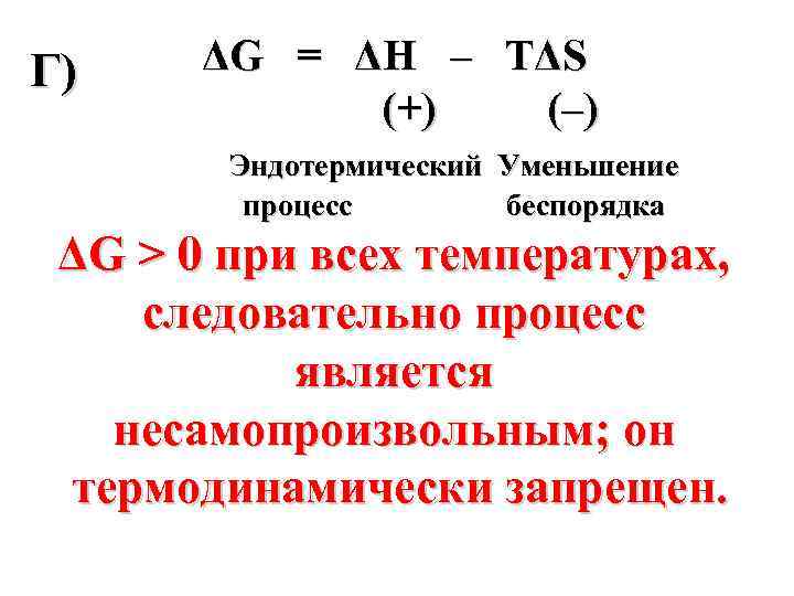 Г) ΔG = ΔН – ТΔS (+) (–) Эндотермический Уменьшение процесс беспорядка ΔG >