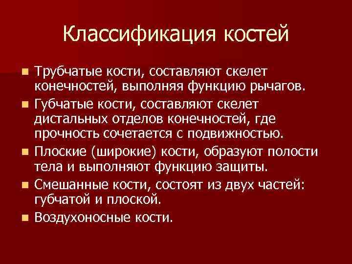 Классификация костей n n n Трубчатые кости, составляют скелет конечностей, выполняя функцию рычагов. Губчатые
