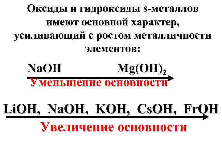 Оксиды и гидроксиды s-металлов имеют основной характер, усиливающий с ростом металличности элементов: Na. OH