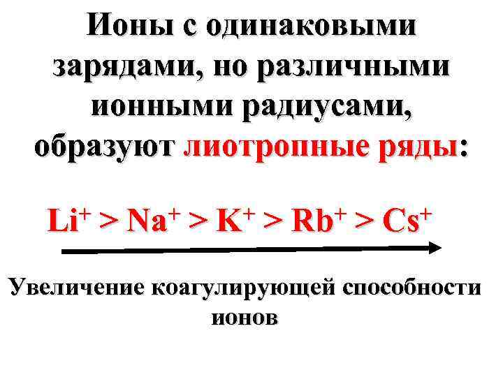 Ионы с одинаковыми зарядами, но различными ионными радиусами, образуют лиотропные ряды: Li+ > Na+