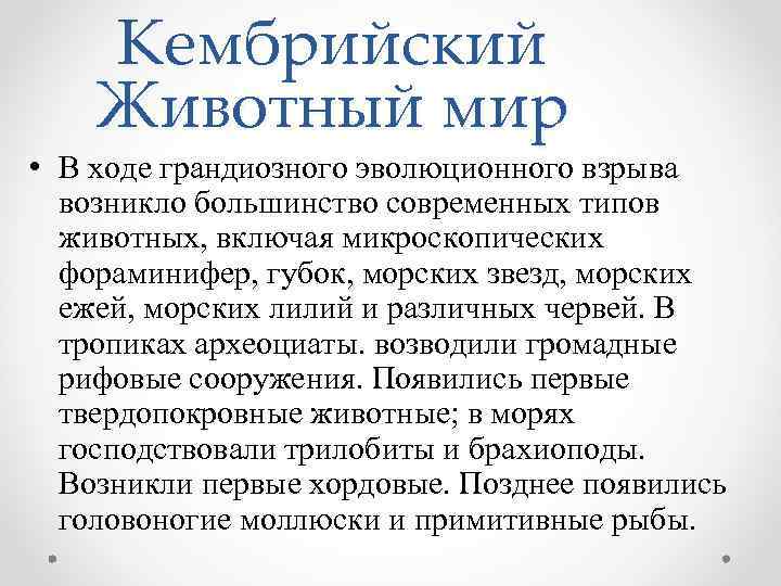 Кембрийский Животный мир • В ходе грандиозного эволюционного взрыва возникло большинство современных типов животных,