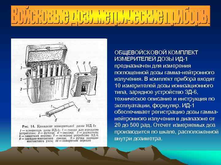 ОБЩЕВОЙСКОВОЙ КОМПЛЕКТ ИЗМЕРИТЕЛЕЙ ДОЗЫ ИД-1 предназначен для измерения поглощенной дозы гамма-нейтронного излучения. В комплект