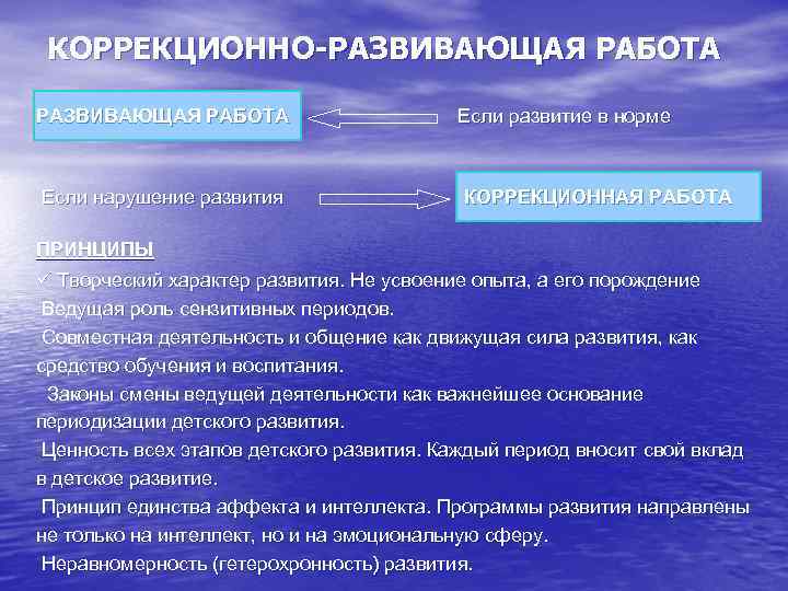 КОРРЕКЦИОННО-РАЗВИВАЮЩАЯ РАБОТА Если нарушение развития Если развитие в норме КОРРЕКЦИОННАЯ РАБОТА ПРИНЦИПЫ ü Творческий