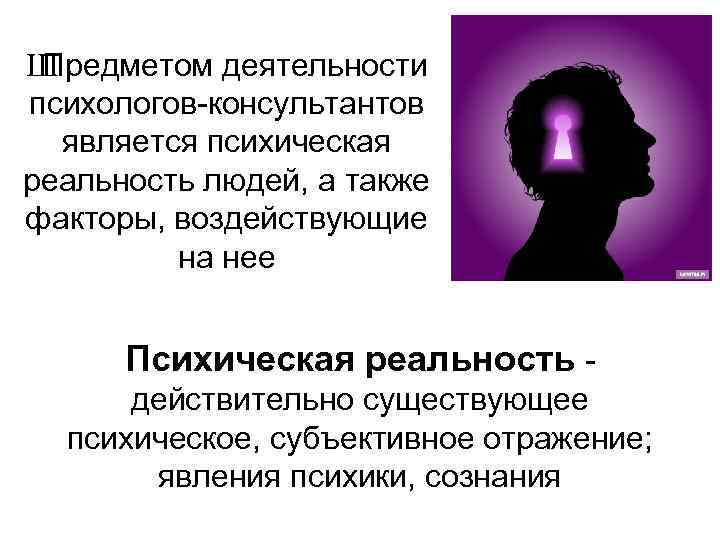 Ш Предметом деятельности психологов-консультантов является психическая реальность людей, а также факторы, воздействующие на нее
