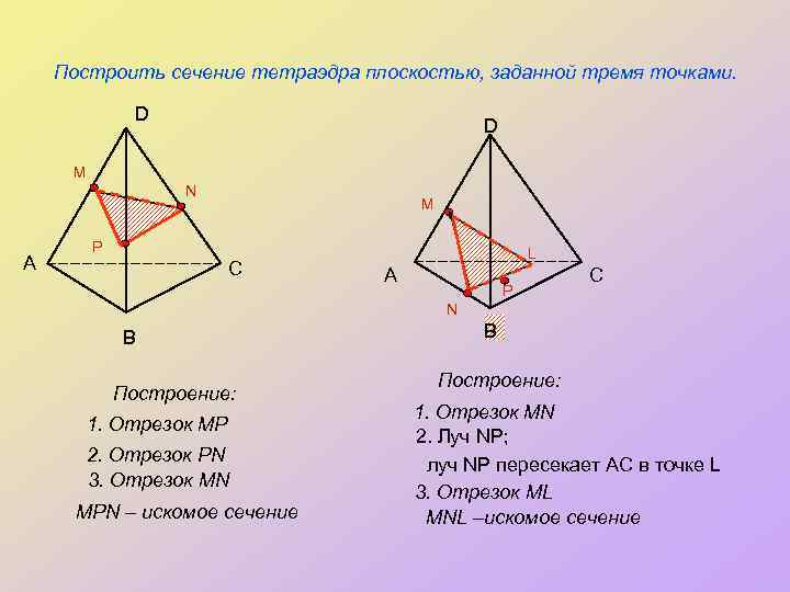 Построить сечение тетраэдра плоскостью, заданной тремя точками. D D M N А M P