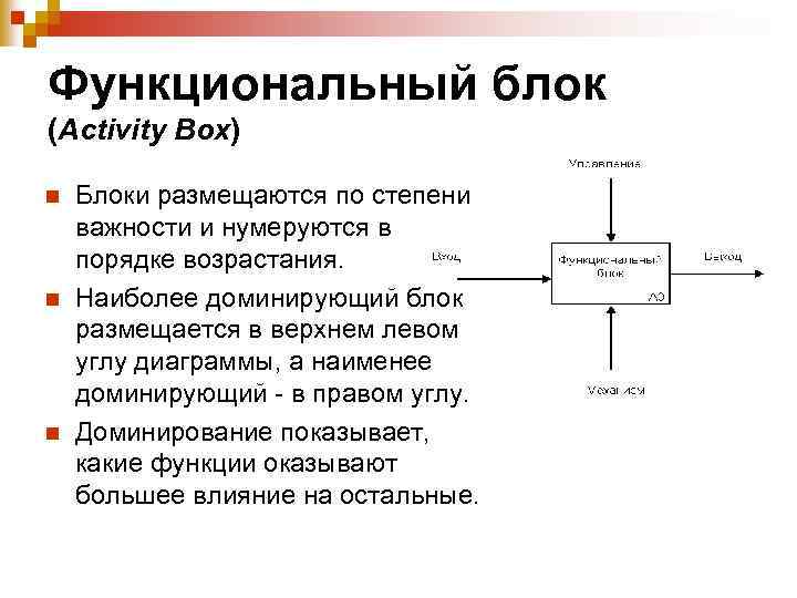 Функциональный блок (Activity Box) n n n Блоки размещаются по степени важности и нумеруются