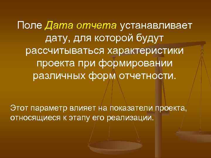 Поле Дата отчета устанавливает дату, для которой будут рассчитываться характеристики проекта при формировании различных