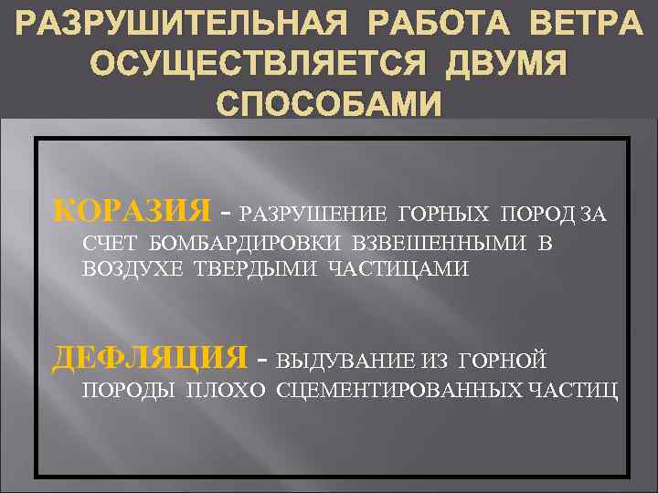 РАЗРУШИТЕЛЬНАЯ РАБОТА ВЕТРА ОСУЩЕСТВЛЯЕТСЯ ДВУМЯ СПОСОБАМИ КОРАЗИЯ - РАЗРУШЕНИЕ ГОРНЫХ ПОРОД ЗА СЧЕТ БОМБАРДИРОВКИ