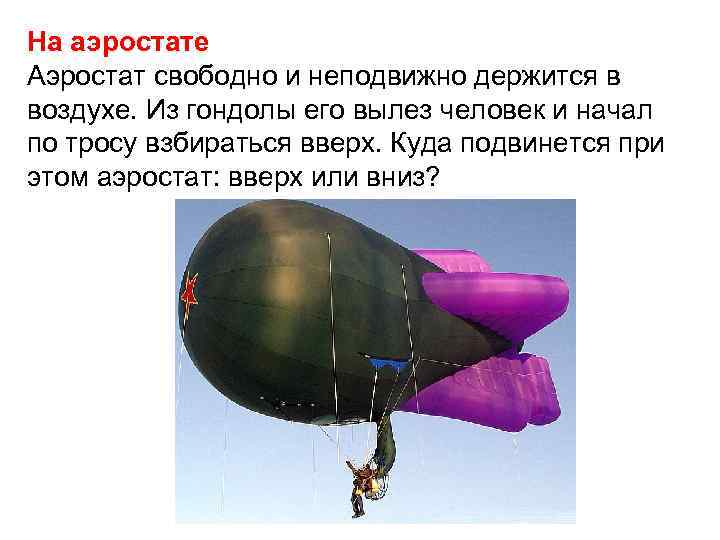 На аэростате Аэростат свободно и неподвижно держится в воздухе. Из гондолы его вылез человек