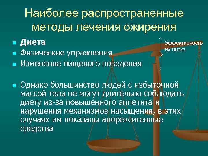 Наиболее распространенные методы лечения ожирения n n Диета Физические упражнения Изменение пищевого поведения Эффективность