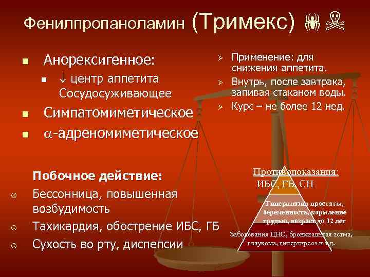 Фенилпропаноламин (Тримекс) ☠ n Анорексигенное: n n n ☹ ☹ ☹ центр аппетита Сосудосуживающее