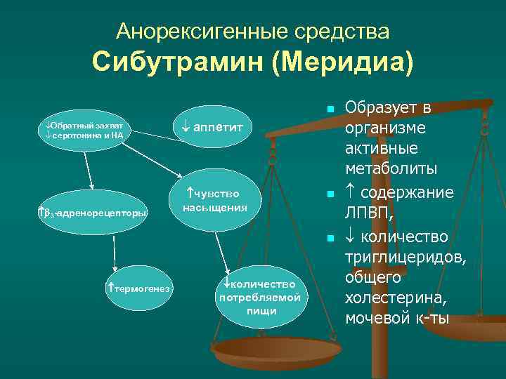 Анорексигенные средства Сибутрамин (Меридиа) n Обратный захват серотонина и НА 3 -адренорецепторы аппетит чувство